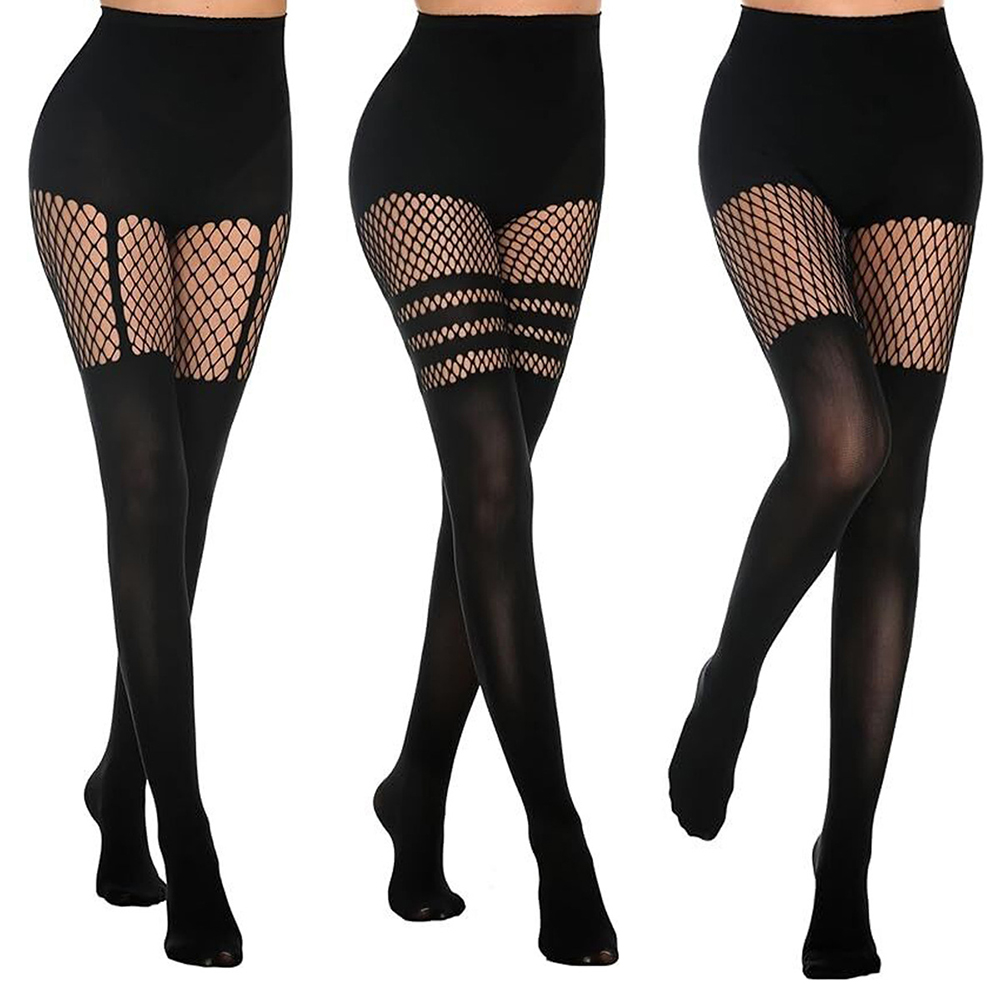 Fishing Socks - Collants noirs ajourés à bretelles, résille,